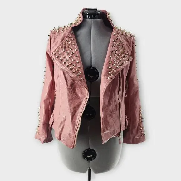 SX Honey Pot Spiked Jacket Womens S Faux Leather Baby Pink Belted Punk Moto NWT - Picture 2 of 10